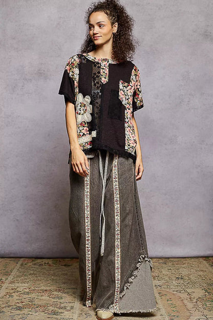 POL Lace Round Neck Short Sleeve Floral Pattern Top with Patch Detail - Bitsy Gypsy Boutique