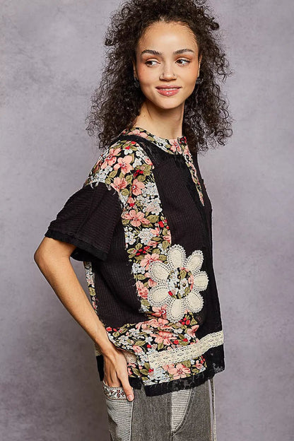 POL Lace Round Neck Short Sleeve Floral Pattern Top with Patch Detail - Bitsy Gypsy Boutique