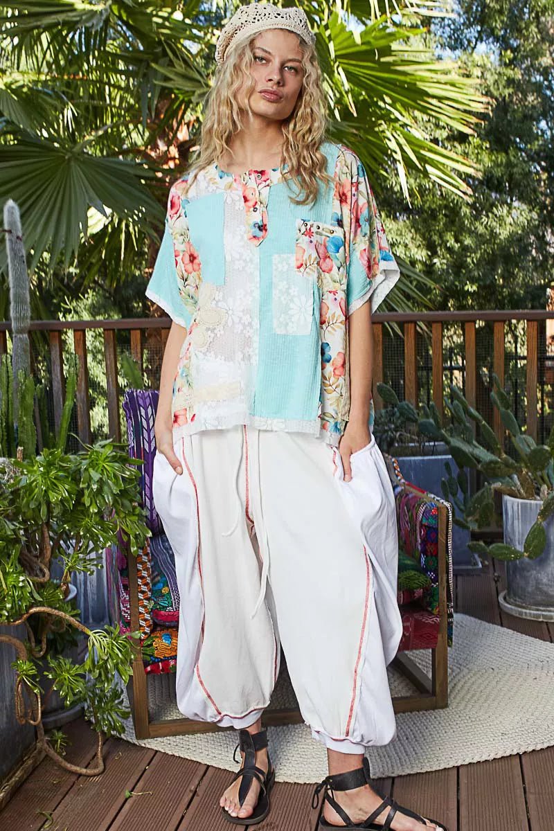 POL Lace Round Neck Short Sleeve Floral Pattern Top with Patch Detail - Bitsy Gypsy Boutique