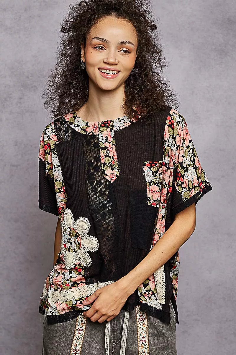 POL Lace Round Neck Short Sleeve Floral Pattern Top with Patch Detail - Bitsy Gypsy Boutique