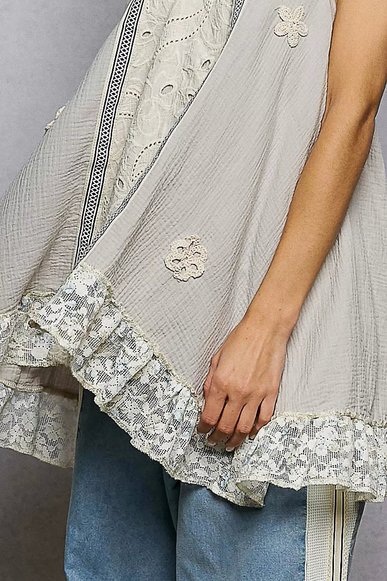 POL Lace Ruffle Halter Neck Double Gauze Top with Crochet Patch - Bitsy Gypsy Boutique