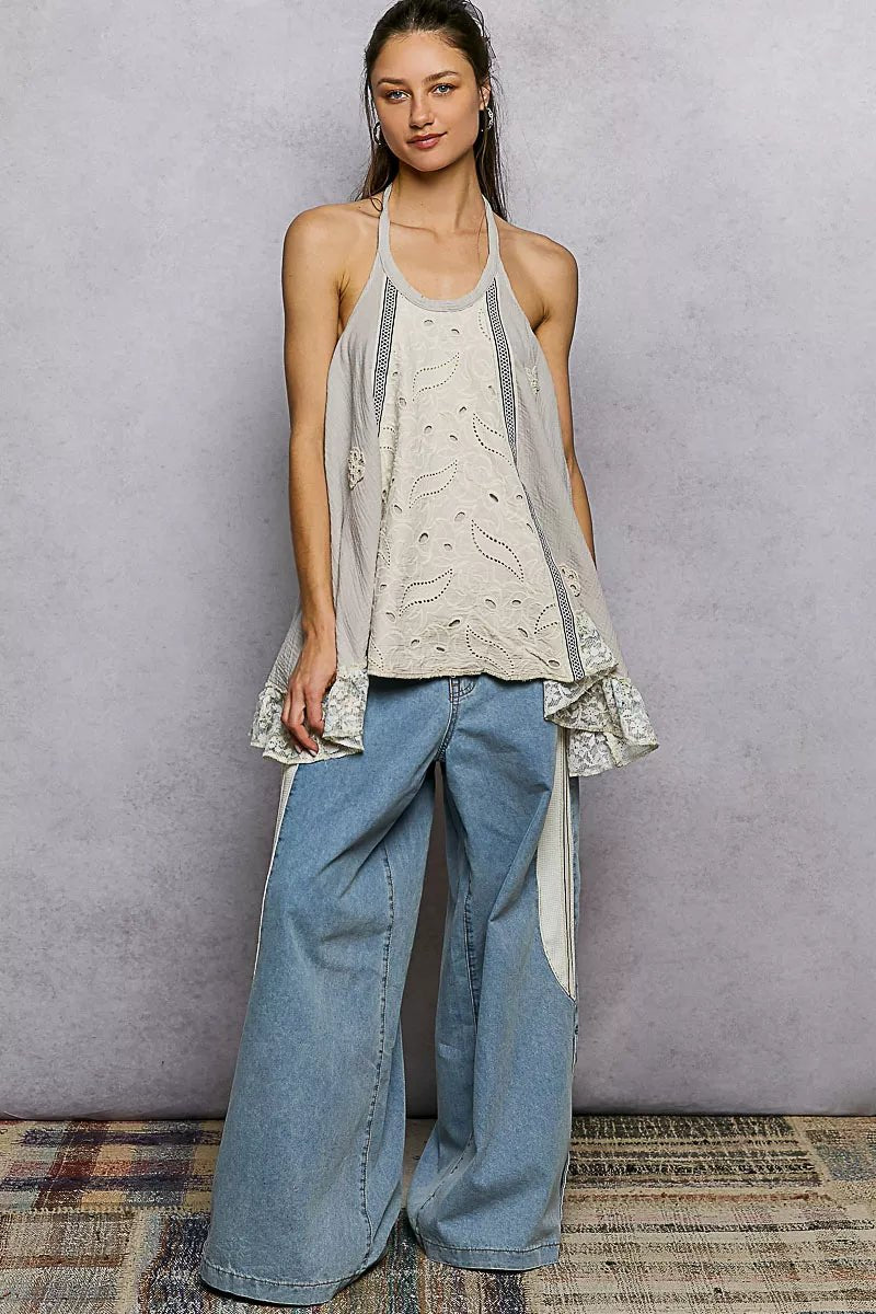 POL Lace Ruffle Halter Neck Double Gauze Top with Crochet Patch - Bitsy Gypsy Boutique