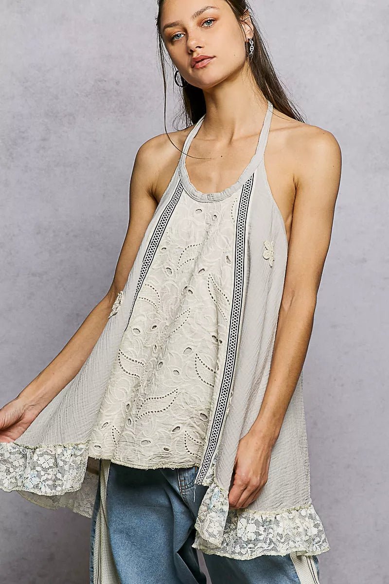 POL Lace Ruffle Halter Neck Double Gauze Top with Crochet Patch - Bitsy Gypsy Boutique