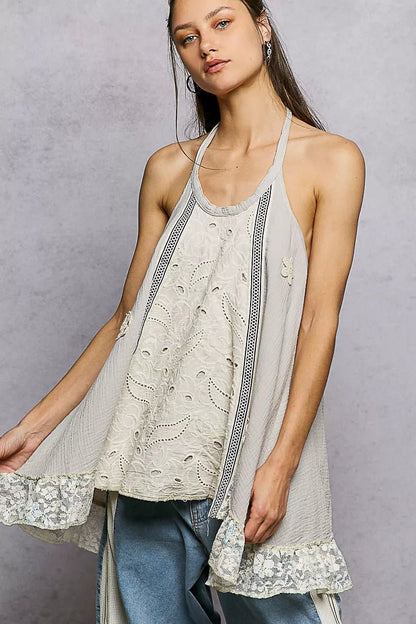POL Lace Ruffle Halter Neck Double Gauze Top with Crochet Patch - Bitsy Gypsy Boutique