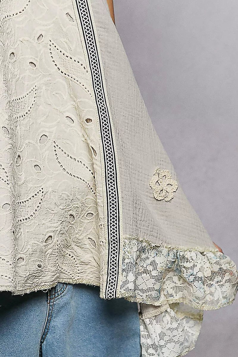 POL Lace Ruffle Halter Neck Double Gauze Top with Crochet Patch - Bitsy Gypsy Boutique