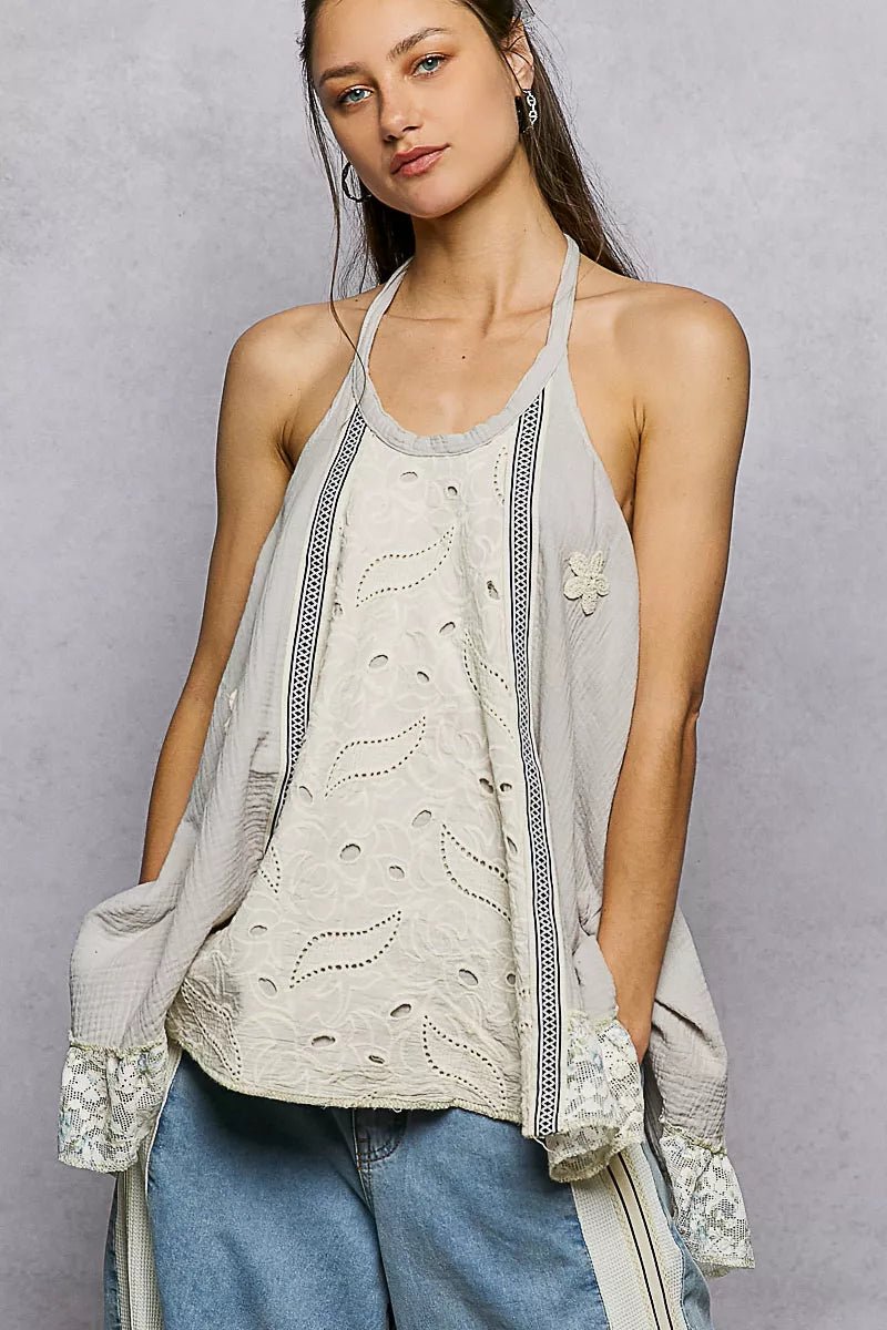 POL Lace Ruffle Halter Neck Double Gauze Top with Crochet Patch - Bitsy Gypsy Boutique