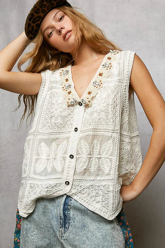 POL Lace Trim Embroidered Floral V - Neck Crochet Vest - Bitsy Gypsy Boutique
