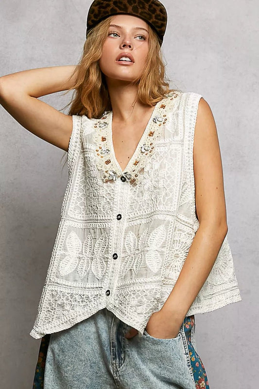 POL Lace Trim Embroidered Floral V - Neck Crochet Vest - Bitsy Gypsy Boutique