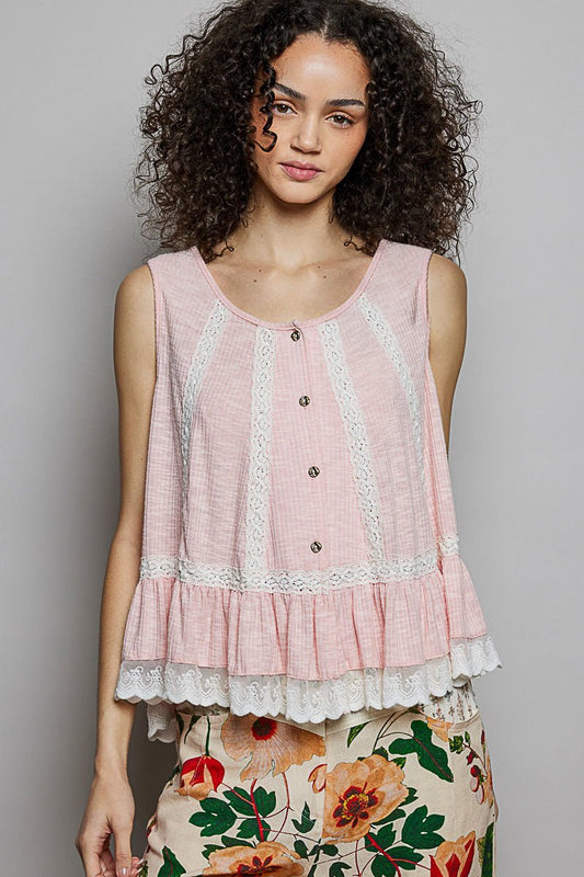 POL Lace Trim Ruffle Hem Button Detail Round Neck Sleeveless Top - Bitsy Gypsy Boutique