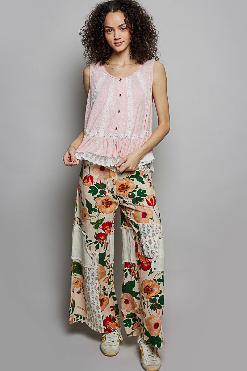 POL Lace Trim Ruffle Hem Button Detail Round Neck Sleeveless Top - Bitsy Gypsy Boutique