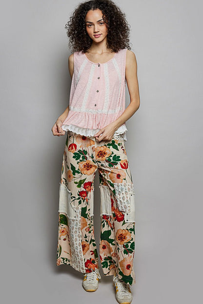 POL Lace Trim Ruffle Hem Button Detail Round Neck Sleeveless Top - Bitsy Gypsy Boutique