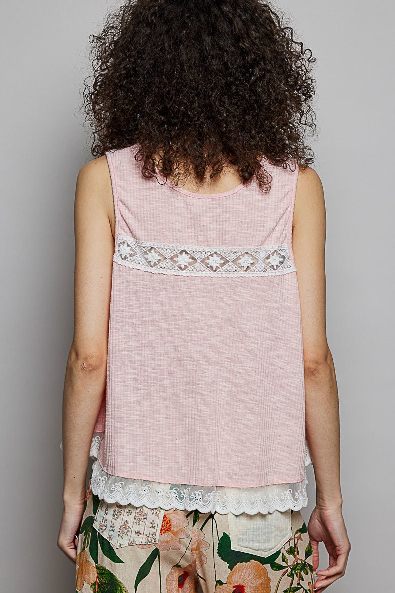 POL Lace Trim Ruffle Hem Button Detail Round Neck Sleeveless Top - Bitsy Gypsy Boutique
