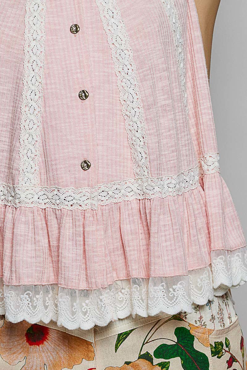 POL Lace Trim Ruffle Hem Button Detail Round Neck Sleeveless Top - Bitsy Gypsy Boutique