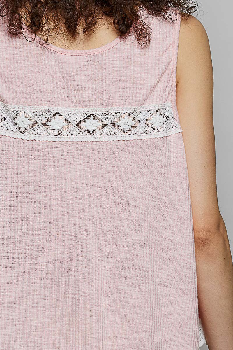 POL Lace Trim Ruffle Hem Button Detail Round Neck Sleeveless Top - Bitsy Gypsy Boutique