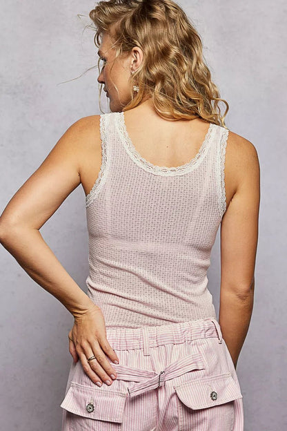 POL Lace Trim Tank with Front Button Closure - Bitsy Gypsy Boutique