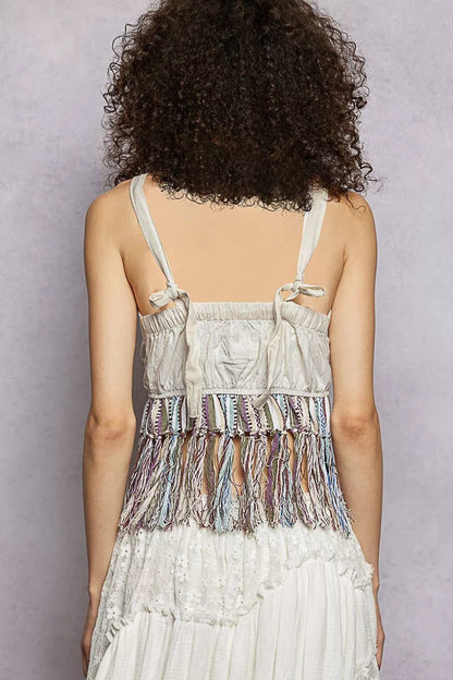 POL Lace - Up Fringe Hem Tank with Lace Detail - Bitsy Gypsy Boutique
