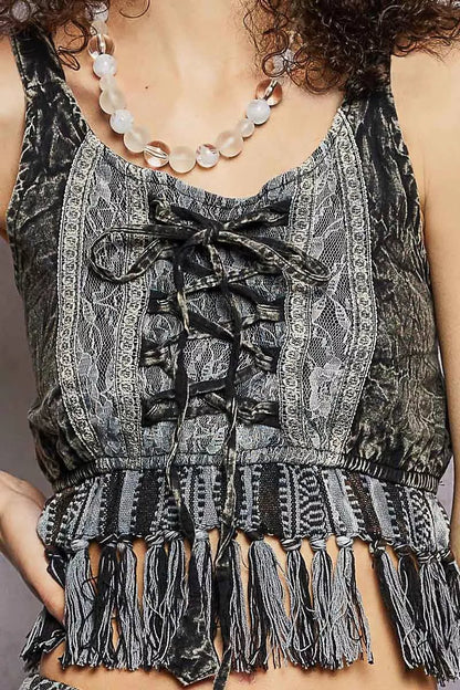 POL Lace - Up Fringe Hem Tank with Lace Detail - Bitsy Gypsy Boutique
