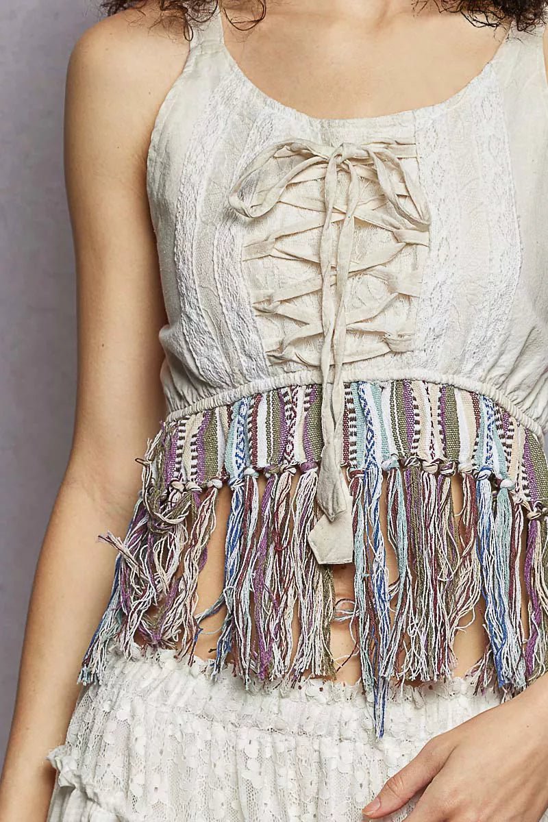 POL Lace - Up Fringe Hem Tank with Lace Detail - Bitsy Gypsy Boutique