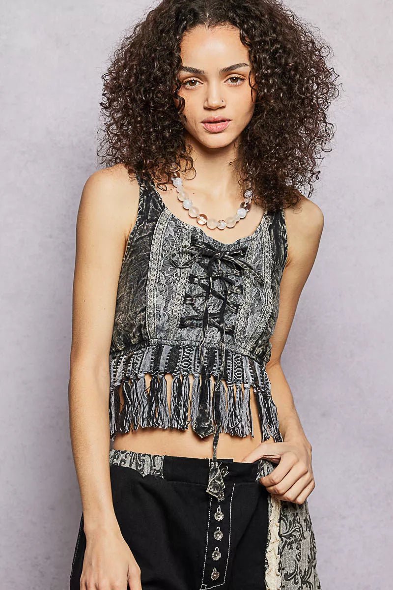 POL Lace - Up Fringe Hem Tank with Lace Detail - Bitsy Gypsy Boutique
