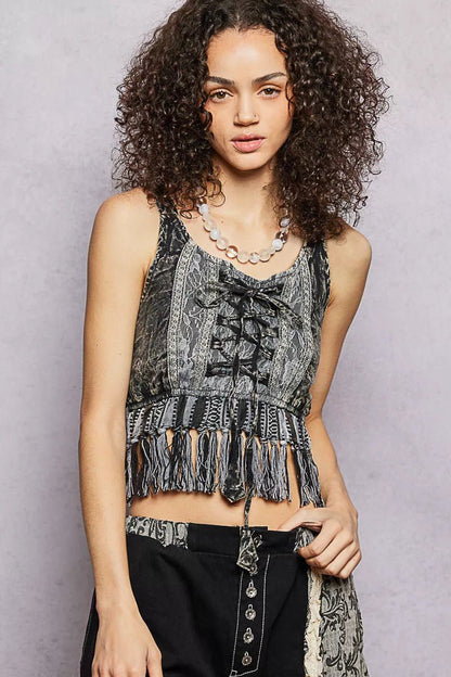 POL Lace - Up Fringe Hem Tank with Lace Detail - Bitsy Gypsy Boutique