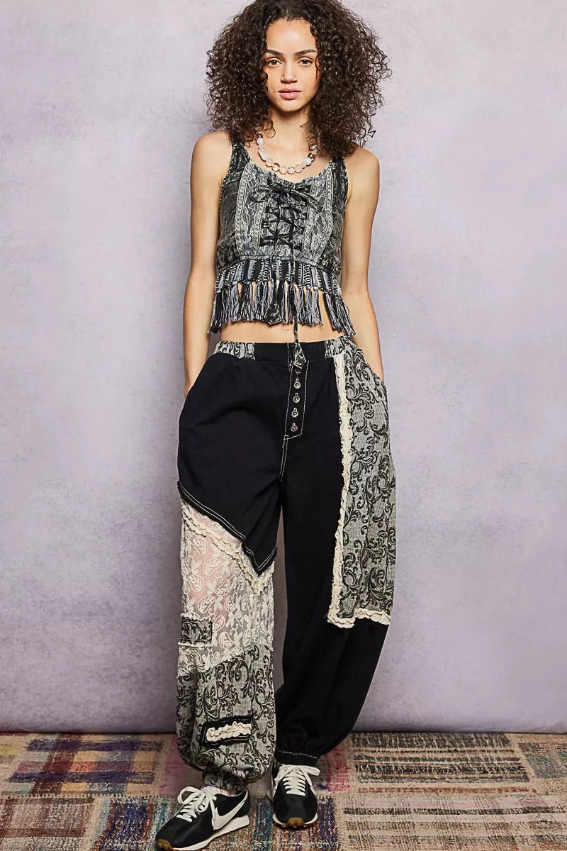 POL Lace - Up Fringe Hem Tank with Lace Detail - Bitsy Gypsy Boutique
