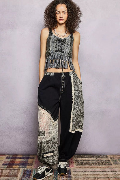 POL Lace - Up Fringe Hem Tank with Lace Detail - Bitsy Gypsy Boutique