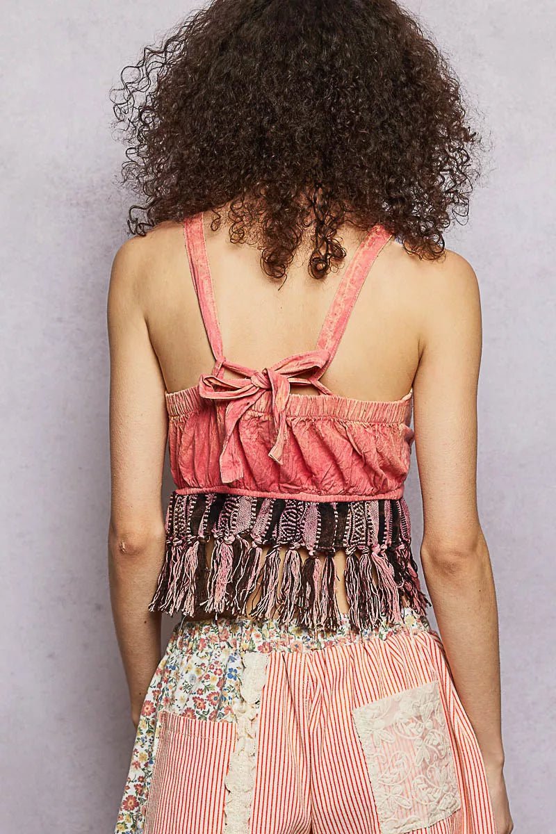 POL Lace - Up Fringe Hem Tank with Lace Detail - Bitsy Gypsy Boutique