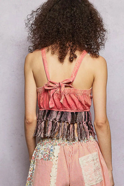 POL Lace - Up Fringe Hem Tank with Lace Detail - Bitsy Gypsy Boutique