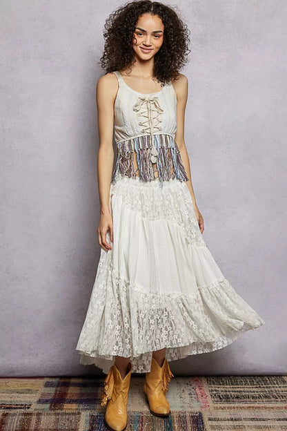 POL Lace - Up Fringe Hem Tank with Lace Detail - Bitsy Gypsy Boutique