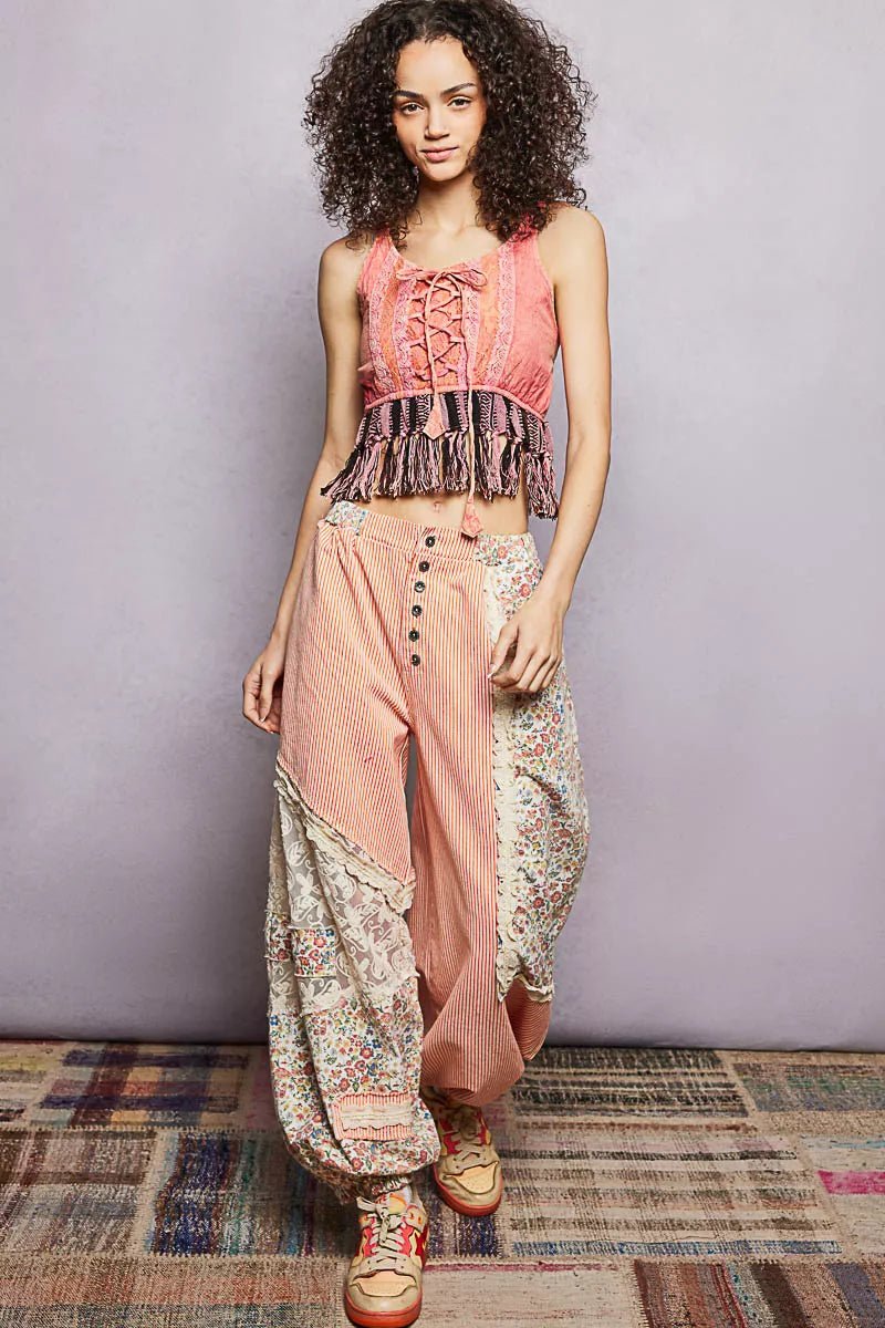 POL Lace - Up Fringe Hem Tank with Lace Detail - Bitsy Gypsy Boutique