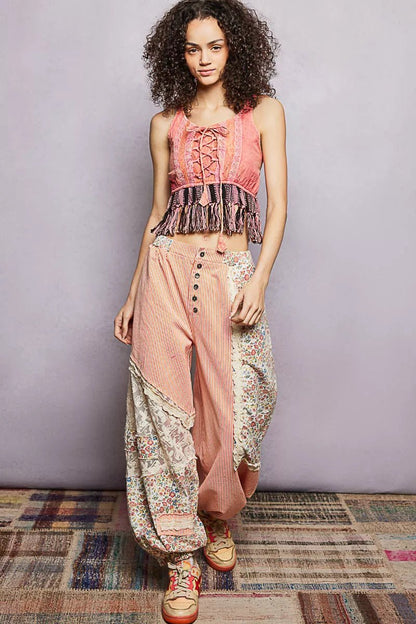 POL Lace - Up Fringe Hem Tank with Lace Detail - Bitsy Gypsy Boutique