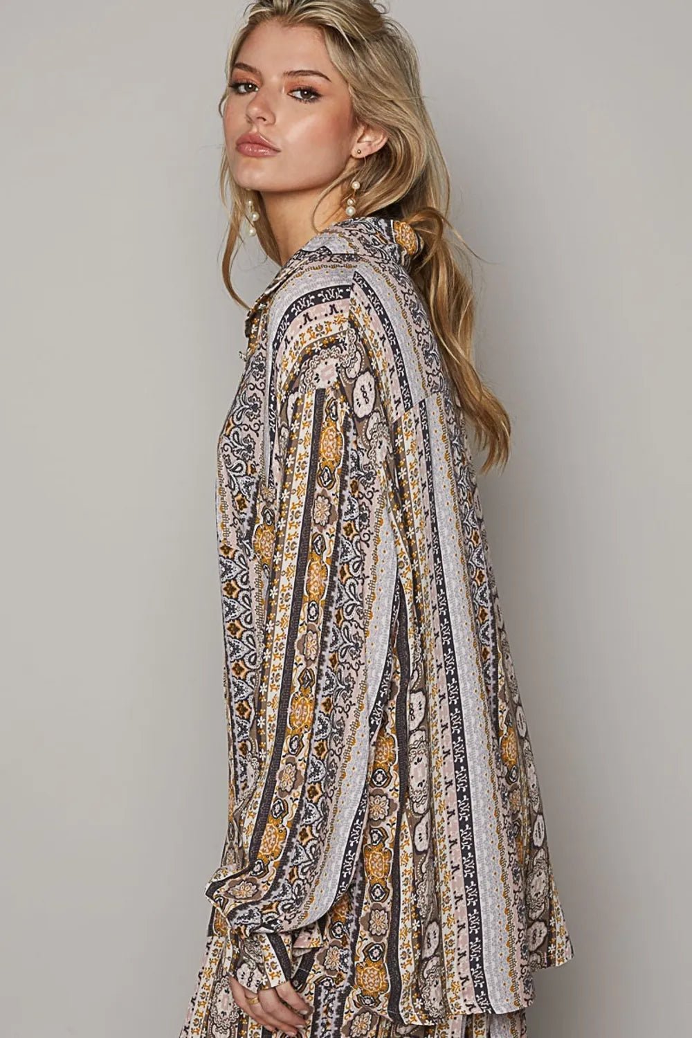 POL Long Sleeve Button Down Printed Shirt - Bitsy Gypsy Boutique