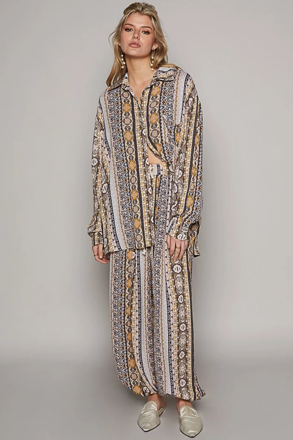 POL Long Sleeve Button Down Printed Shirt - Bitsy Gypsy Boutique