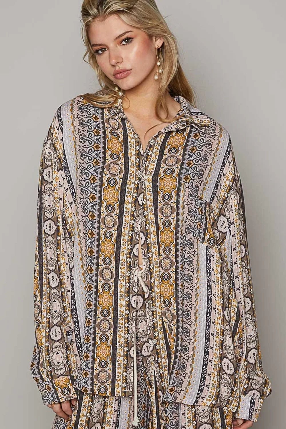 POL Long Sleeve Button Down Printed Shirt - Bitsy Gypsy Boutique