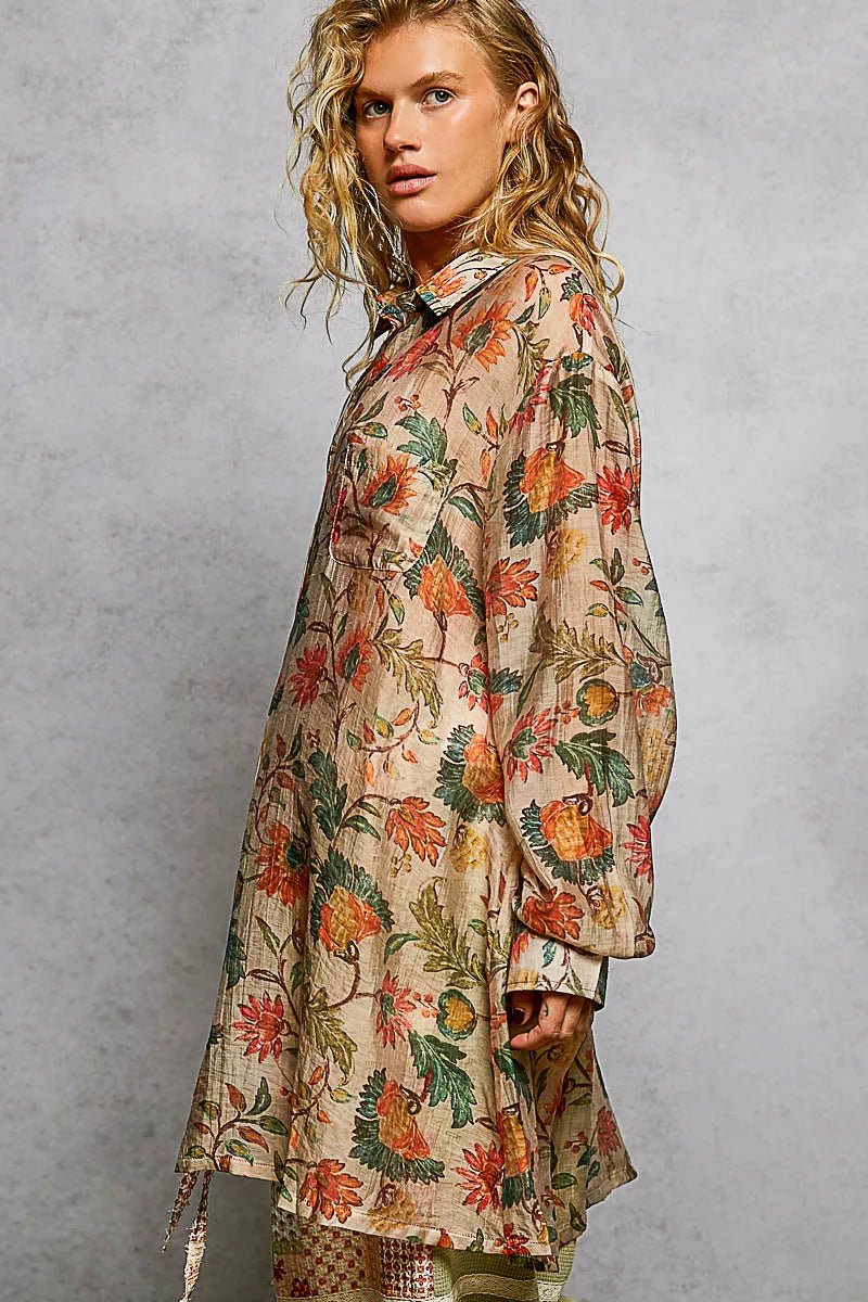POL Metal Button Down Floral Long Sleeve Shirt - Bitsy Gypsy Boutique