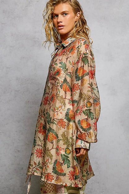 POL Metal Button Down Floral Long Sleeve Shirt - Bitsy Gypsy Boutique