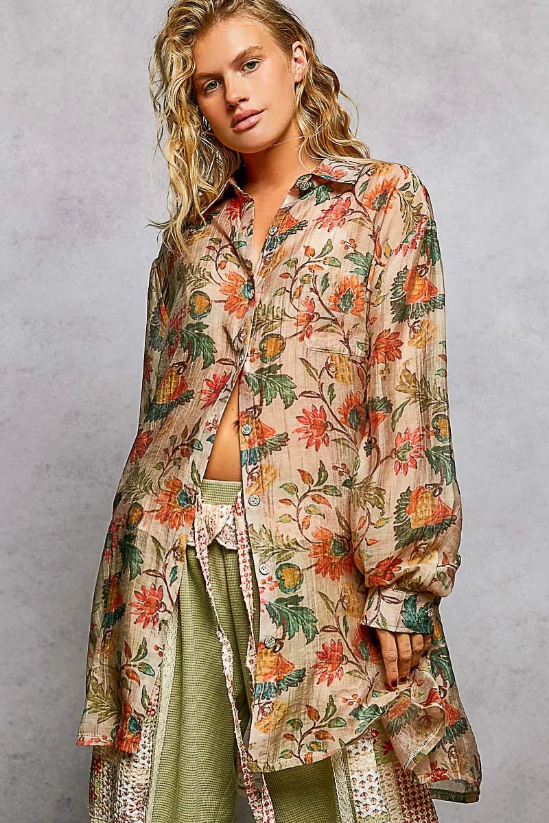POL Metal Button Down Floral Long Sleeve Shirt - Bitsy Gypsy Boutique