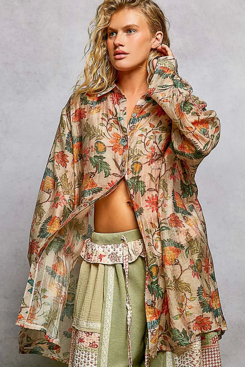 POL Metal Button Down Floral Long Sleeve Shirt - Bitsy Gypsy Boutique