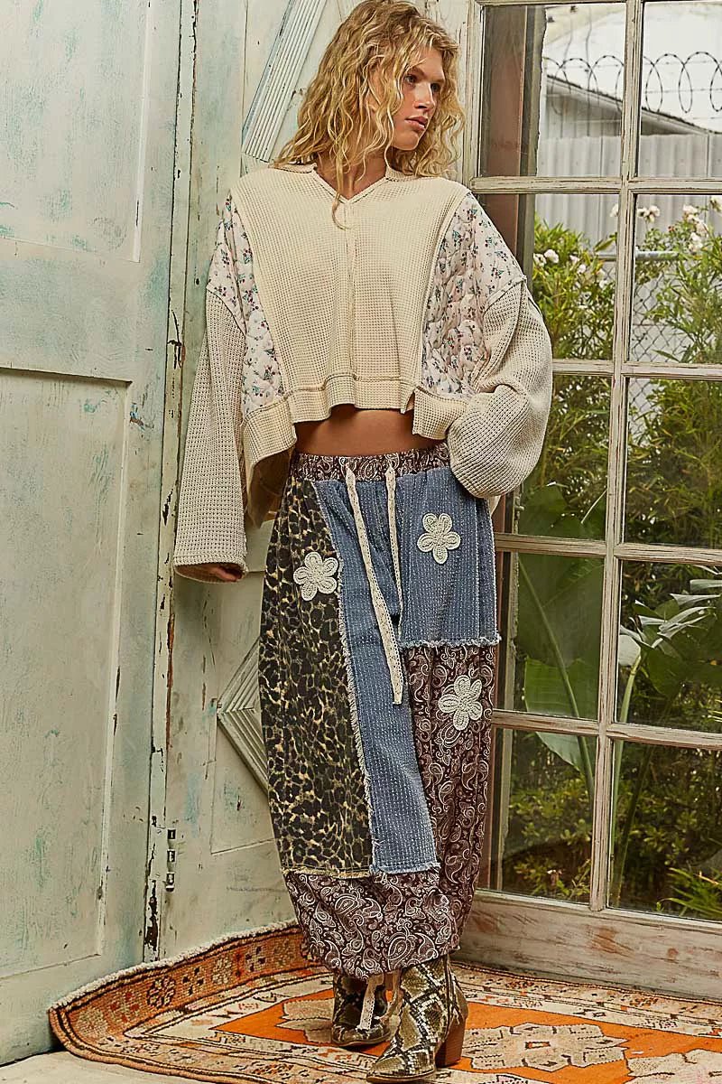 POL Mix Thermal Floral Pattern Quilted Knit Cropped Top with Raw Edge Detail - Bitsy Gypsy Boutique