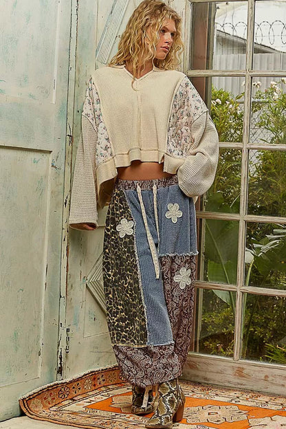 POL Mix Thermal Floral Pattern Quilted Knit Cropped Top with Raw Edge Detail - Bitsy Gypsy Boutique