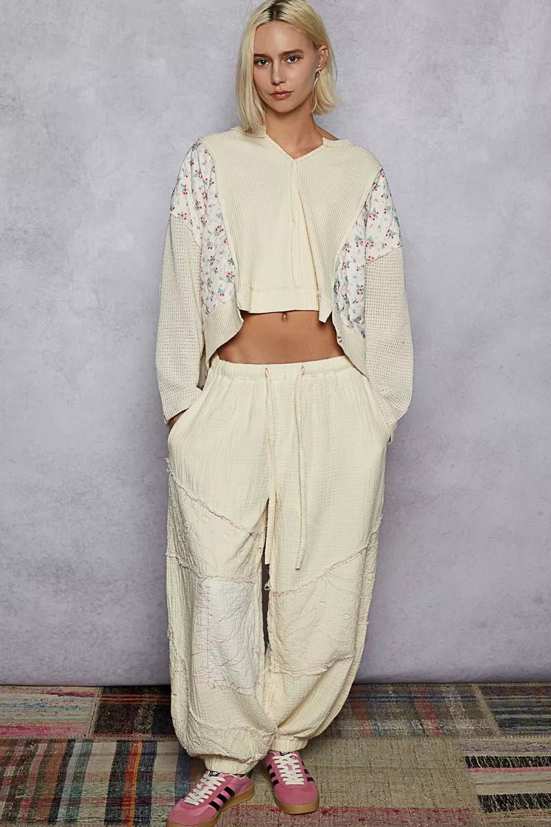 POL Mix Thermal Floral Pattern Quilted Knit Cropped Top with Raw Edge Detail - Bitsy Gypsy Boutique