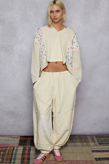 POL Mix Thermal Floral Pattern Quilted Knit Cropped Top with Raw Edge Detail - Bitsy Gypsy Boutique