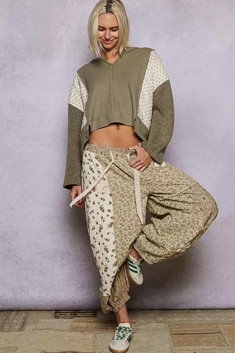 POL Mix Thermal Floral Pattern Quilted Knit Cropped Top with Raw Edge Detail - Bitsy Gypsy Boutique