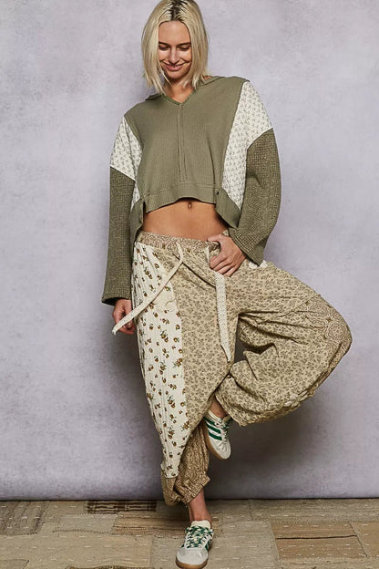 POL Mix Thermal Floral Pattern Quilted Knit Cropped Top with Raw Edge Detail - Bitsy Gypsy Boutique