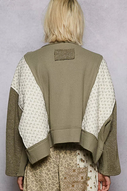 POL Mix Thermal Floral Pattern Quilted Knit Cropped Top with Raw Edge Detail - Bitsy Gypsy Boutique