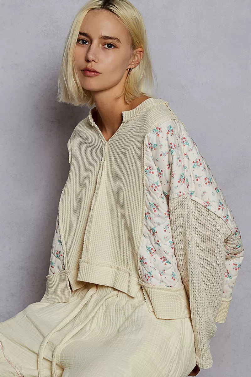 POL Mix Thermal Floral Pattern Quilted Knit Cropped Top with Raw Edge Detail - Bitsy Gypsy Boutique