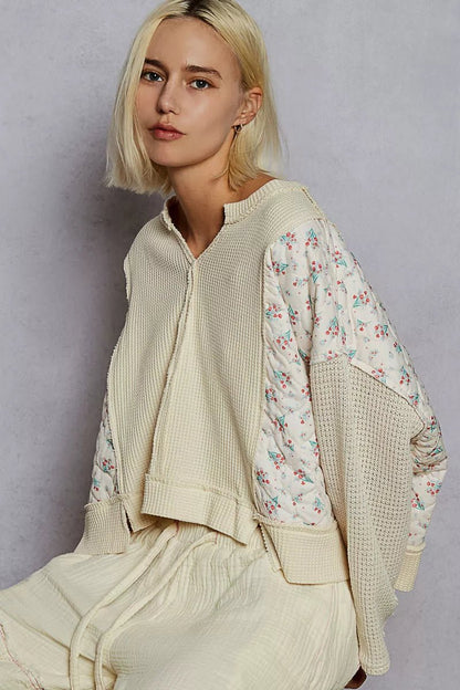 POL Mix Thermal Floral Pattern Quilted Knit Cropped Top with Raw Edge Detail - Bitsy Gypsy Boutique