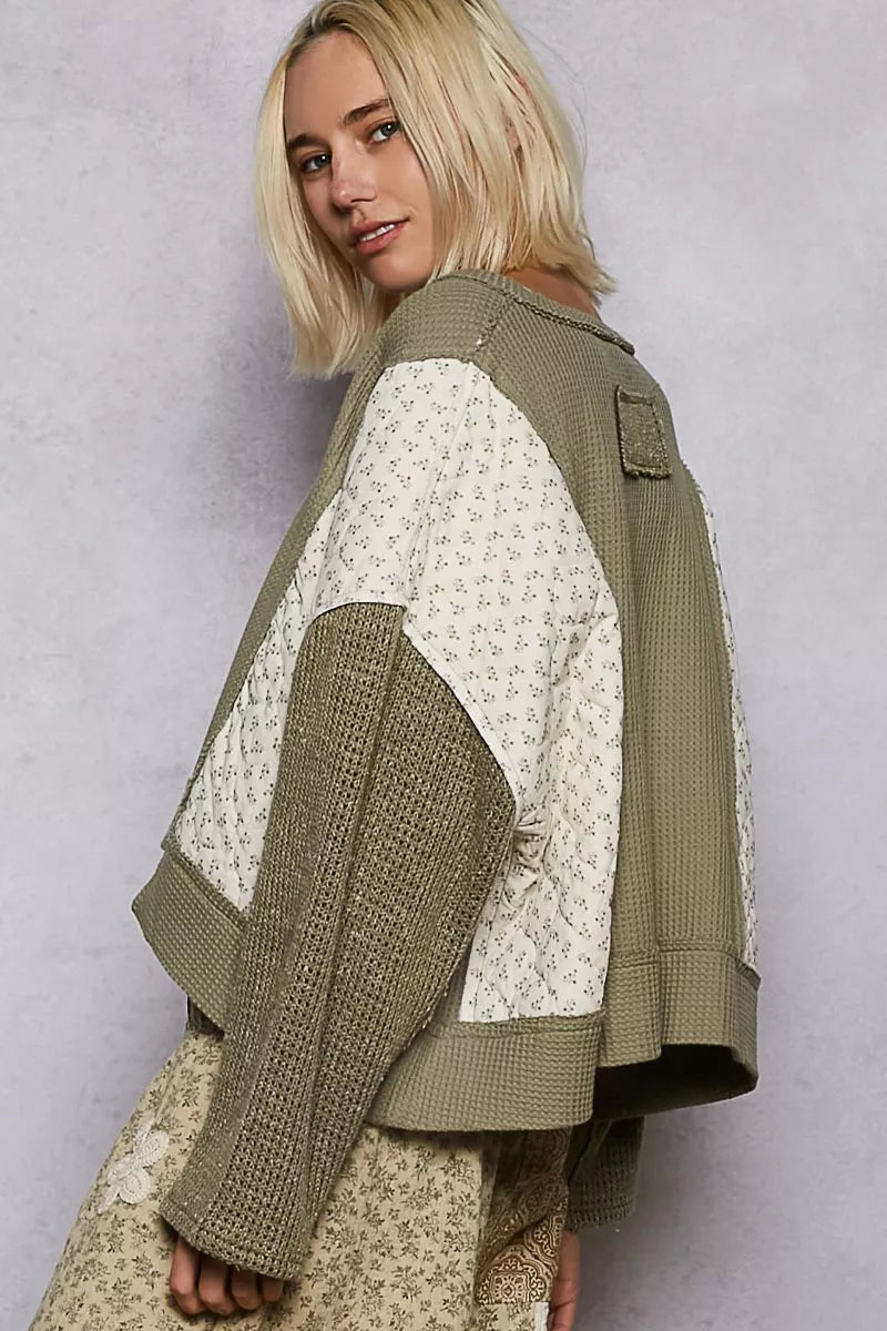 POL Mix Thermal Floral Pattern Quilted Knit Cropped Top with Raw Edge Detail - Bitsy Gypsy Boutique