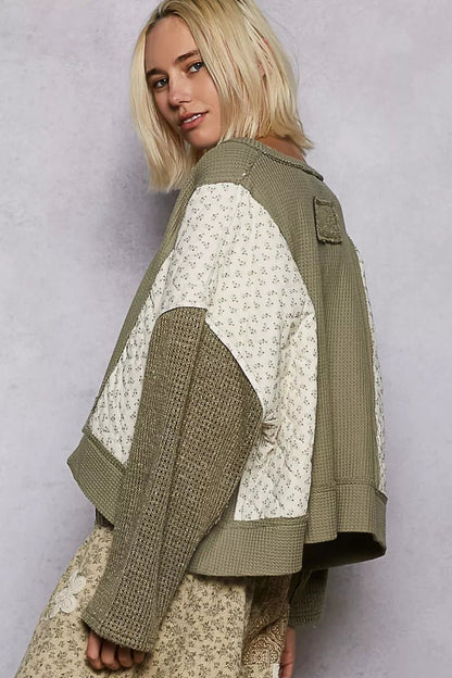 POL Mix Thermal Floral Pattern Quilted Knit Cropped Top with Raw Edge Detail - Bitsy Gypsy Boutique