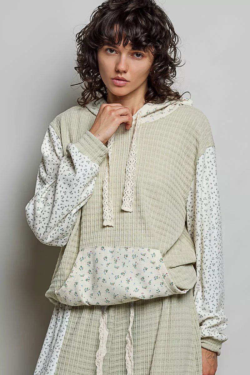 POL Mixed Knit Contrast Print Sleeve Hoodie with Kangaroo Pocket - Bitsy Gypsy Boutique